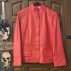 Coral Leather Jacket with Whipstitch Detail